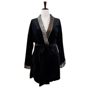 Cinema‎ Etoile Black Velvet Robe Leopard Print Trim Tie Waist Loungewear Short